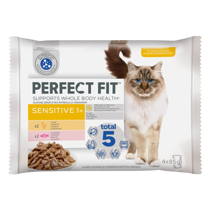 PERFECT FIT Cat Sensitive 1+ , Pollo e Salmone, cibo umido per gatti in bustina, sistema digestivo, (in salsa), multipack, 85g x 4pz