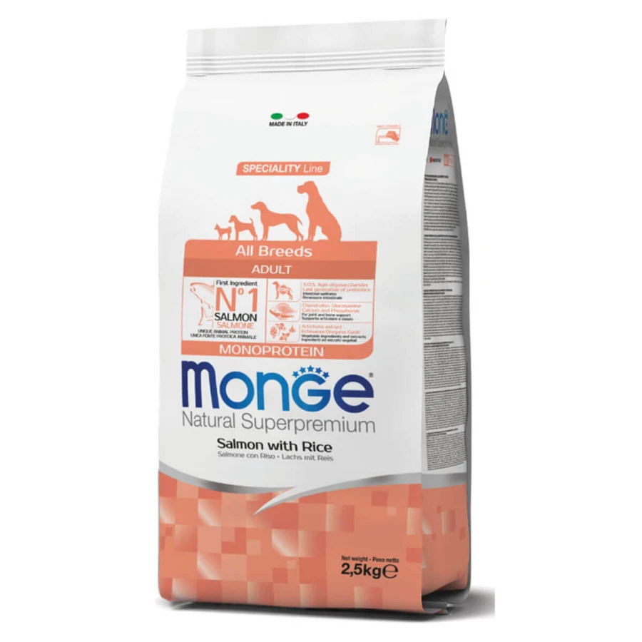 MONGE Natural Superpremium Monoprotein, XS-XL, Salmón y Arroz, alimento seco para perros, 2,5kg