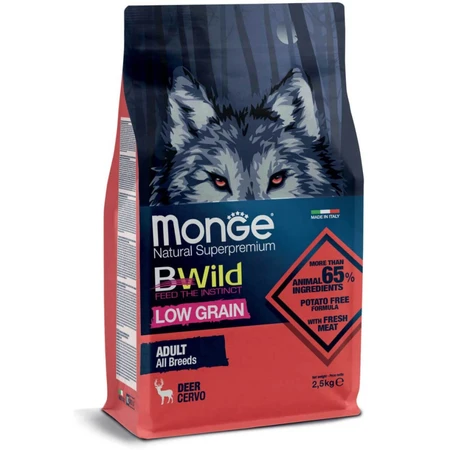 MONGE BWild, XS-XL, Deer, low grain dry food for dogs, 2.5kg
