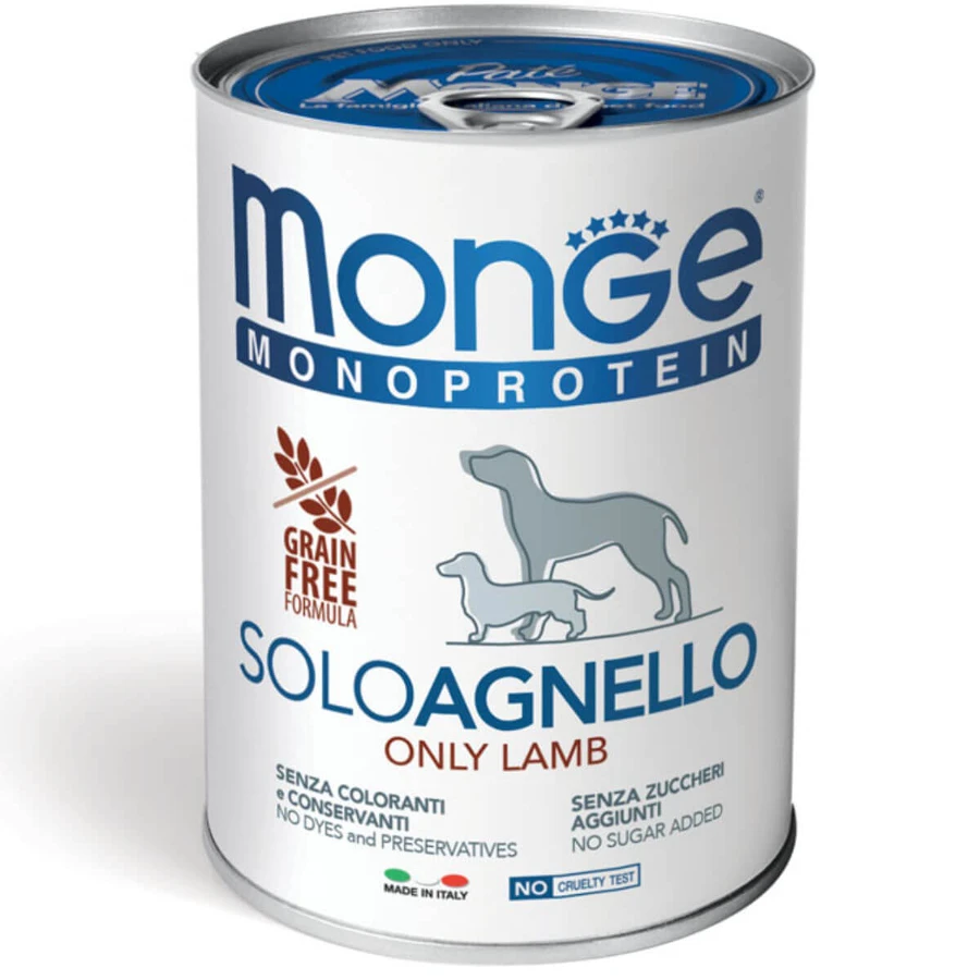 MONGE Monoprotein, XS-XL, Lamm, getreidefreies Monoprotein-Nassfutter in Dosen für Hunde, (Pastete), 400g