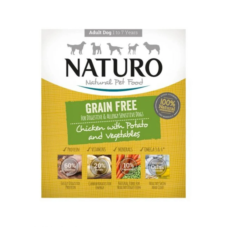 NATURO Grain Free, XS-L, Pollo e Verdure, cibo umido per cani senza cereali, vaschetta, (in aspic), 400g