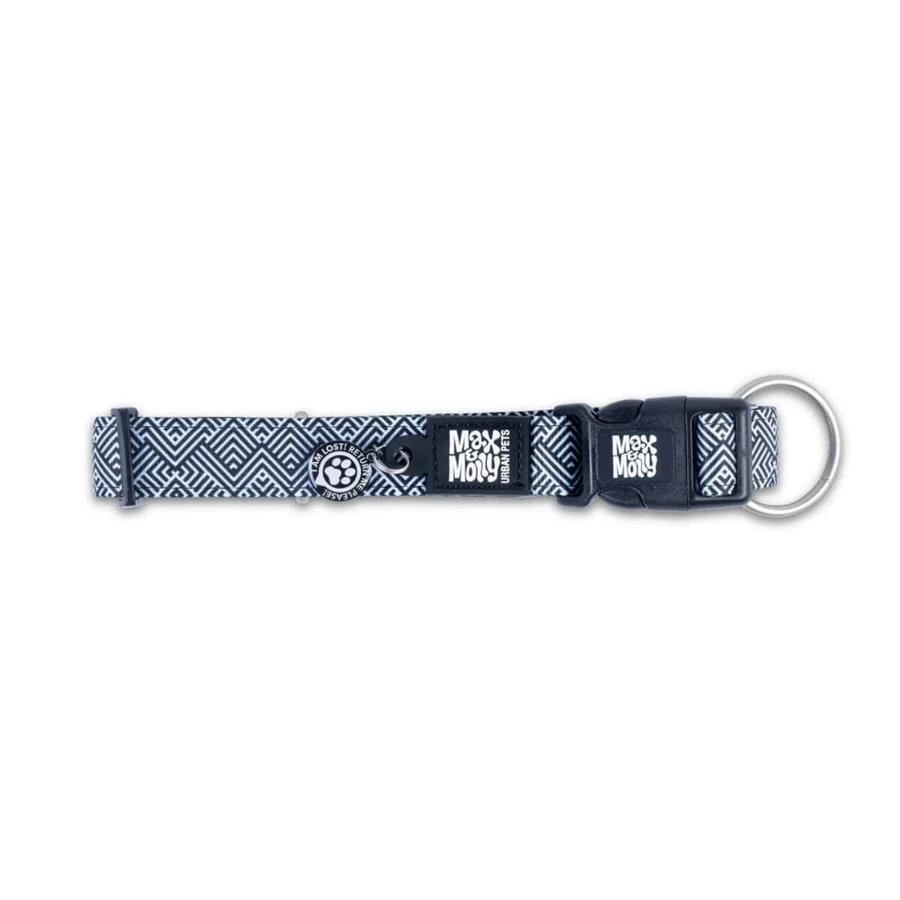 MAX & MOLLY Smart ID Mykonos Black, Hundehalsband, verstellbar, Polyester, schwarz und weiß, Dreizackschnalle, M(34-55 x 2cm)