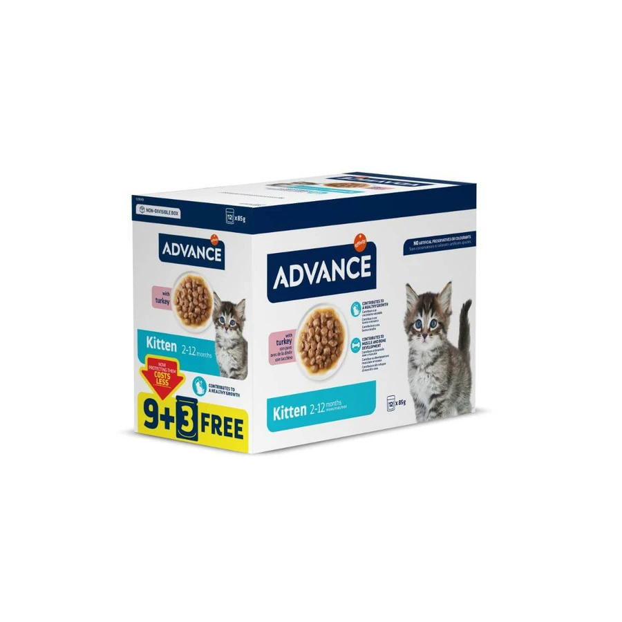 ADVANCE Kitten, Kip, zakje natvoer voor jonge katten, (in saus), bax, 85g x 9 x 9 + 3st GRATIS