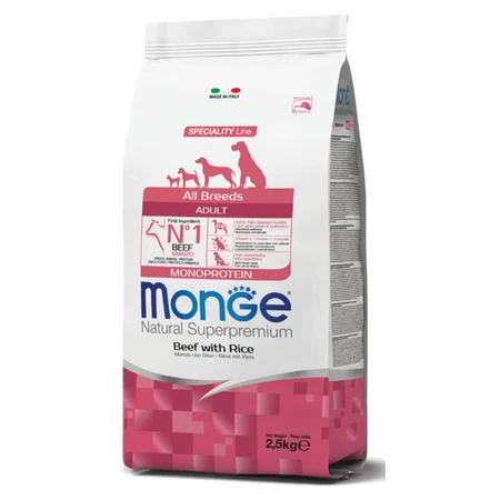 MONGE Natural Superpremium Monoprotein, XS-XL, boeuf et riz, nourriture sèche pour chiens, 2.5kg