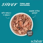 SCHESIR Silver, Tonijn en Makreel, graanvrij natvoer in blik voor senior katten, (in soep), 70g