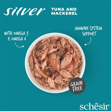 SCHESIR Silver, Tonijn en Makreel, graanvrij natvoer in blik voor senior katten, (in soep), 70g