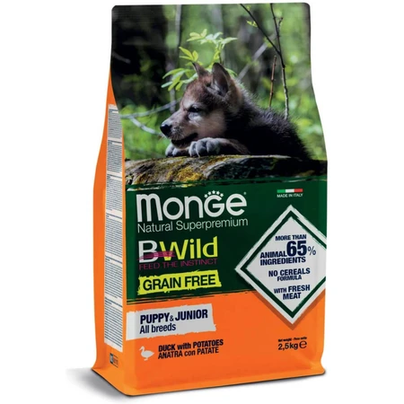 MONGE BWild Puppy & Junior, XS-XL, Eend en Aardappel, graanvrij droogvoer voor jonge honden, 2,5kg