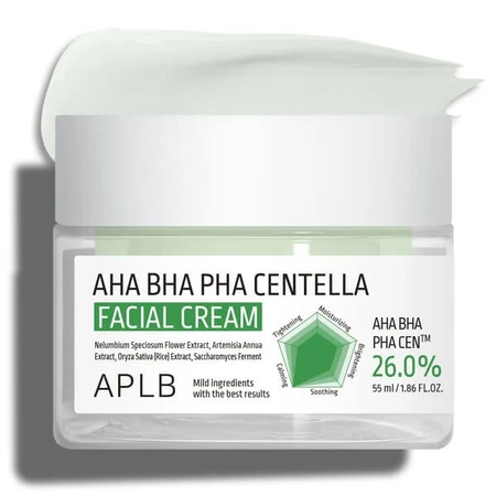 APLB AHA BHA PHA Centella Gezichtscrème, exfoliërende en verzachtende gezichtscrème met zuren en Centella Asiatica, 55 ml
