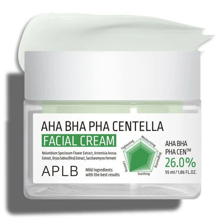 APLB AHA BHA PHA Centella Gezichtscrème, exfoliërende en verzachtende gezichtscrème met zuren en Centella Asiatica, 55 ml