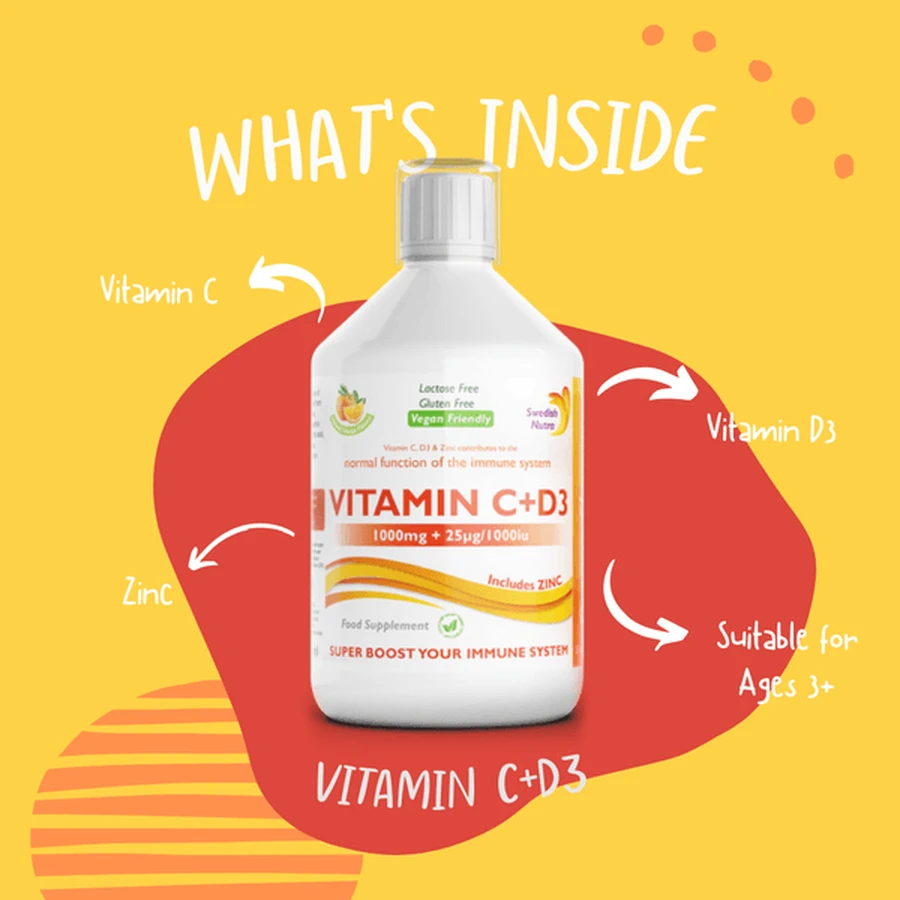 Swedish Nutra Vitamine C + D3, liquide, arôme orange, 500 ml