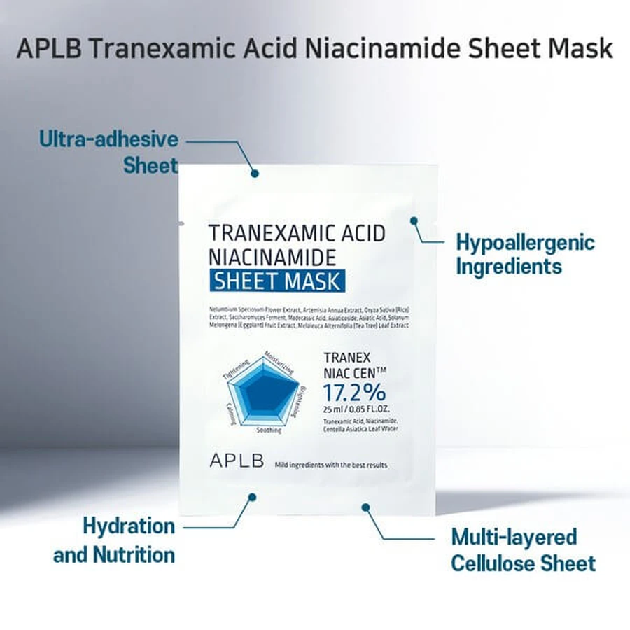 APLB Tranexamic Acid Niacinamide Sheet Mask, aufhellende Sheet Mask mit Tranexamsäure und Niacinamid, 25 ml