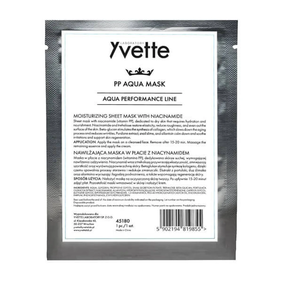 Yvette PP Aqua Mask, feuchtigkeitsspendende Blattmaske mit Niacinamid, 1 Stk.