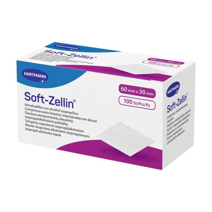 Soft-Zellin, waciki nasączone alkoholem izopropylowym, 60 mm x 30 mm, 100 szt.: ceny i cechy