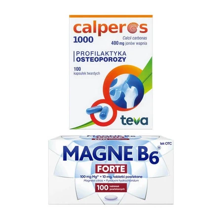 Set Calperos 1000, 400 mg ioni de calciu, capsule tari, 100 buc + Magne B6 Forte, 100 mg + 10 mg, comprimate filmate, 100 buc.