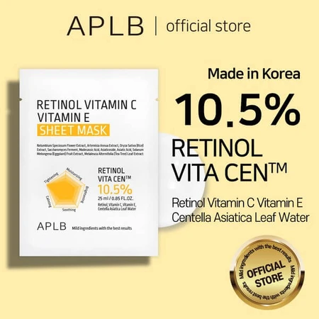 APLB Retinol Vitamin C Vitamin E Sheet Mask, facial sheet mask with retinol and vitamins C and E, 25 ml