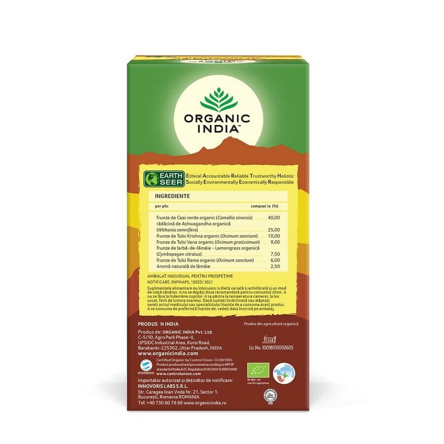 Tulsi Ashwagandha et thé vert, 25 sachets, Inde biologique