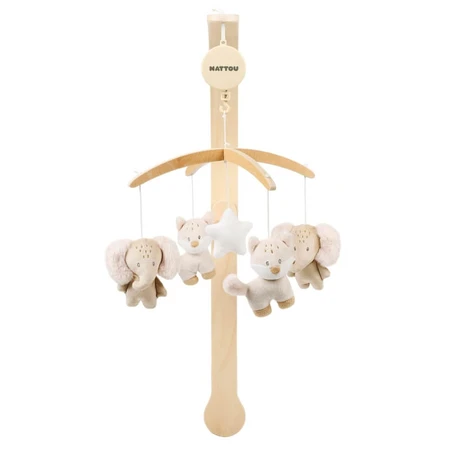 Nattou Flo, oli &amp; ernest - giostrina musicale in legno con animali di peluche rotanti - beige 50 cm