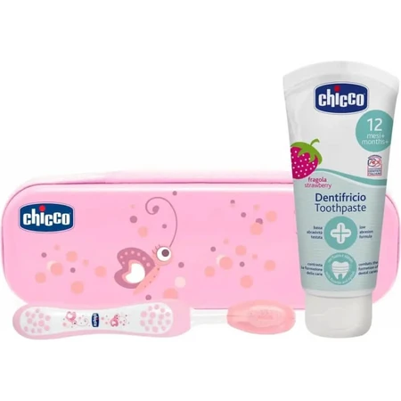 Chicco estuche higiene bucal azul con cepillo + pasta dentífrica fresa 12m+