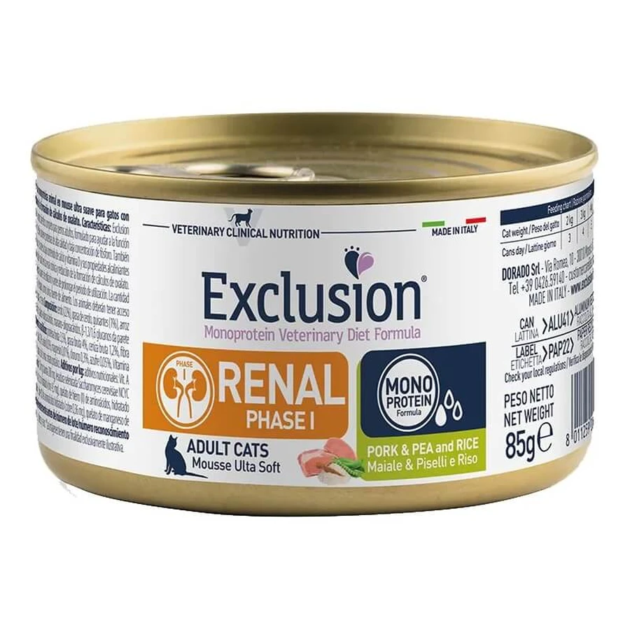 Exclusion Renal phase 1 maiale e piselli - alimento dietetico per gatti adulti con problemi renali 85 gr