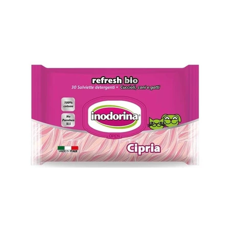 Inodorina Refresh bio - 30 toallitas biodegradables con aroma a polvo para perros y gatos