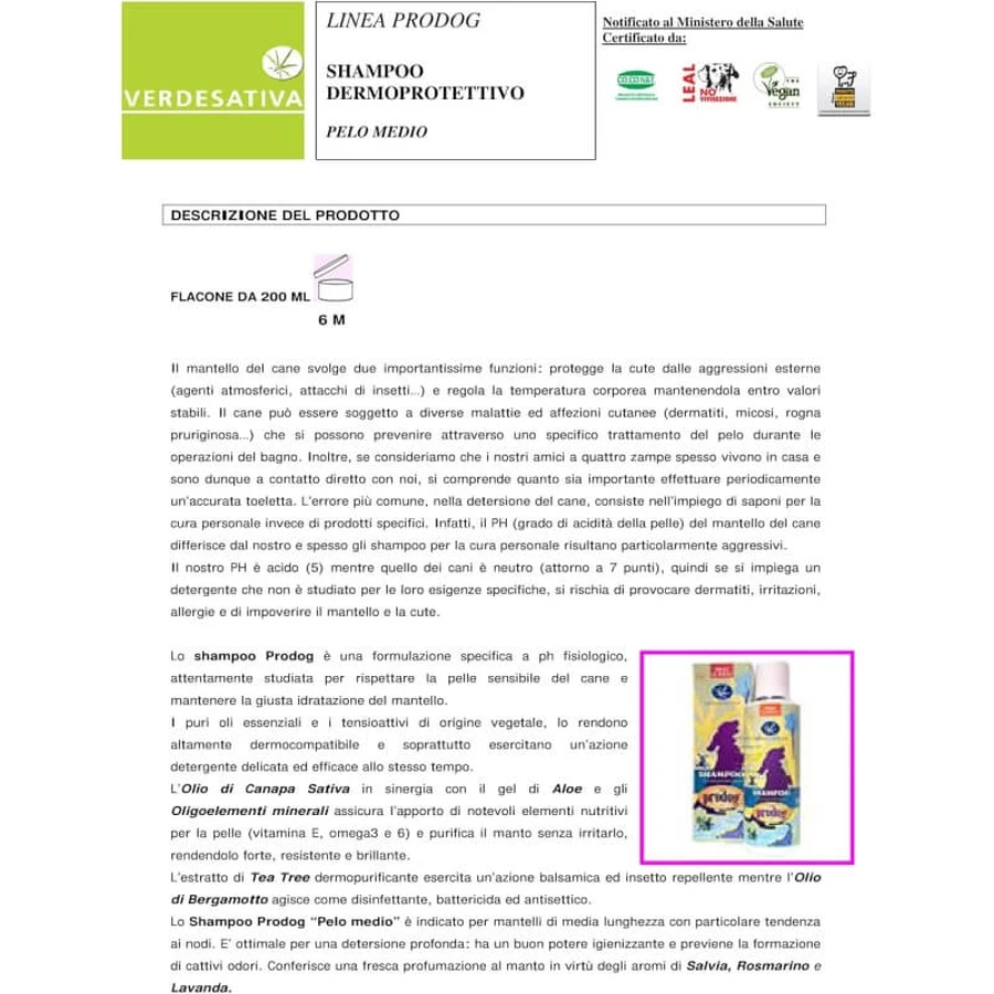 Verdesativa Prodog - szampon dermoprotekcyjny dla psów o średniej sierści 200 ml: ceny i cechy