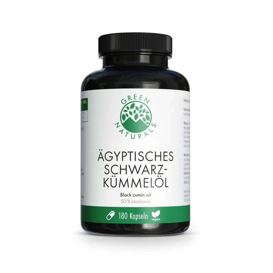 GREEN NATURALS Egyptische zwarte komijnolie 3000 mg, veganistisch, 180 capsules