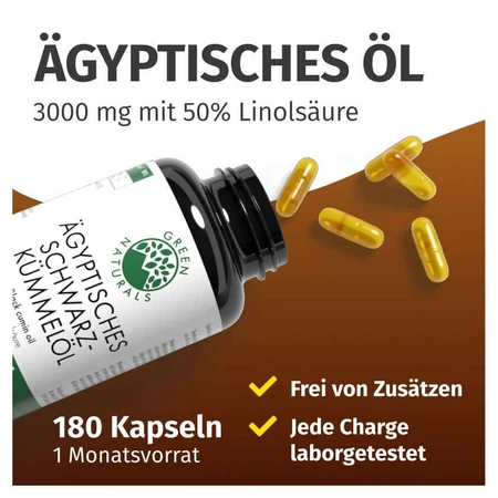 GREEN NATURALS Egyptische zwarte komijnolie 3000 mg, veganistisch, 180 capsules