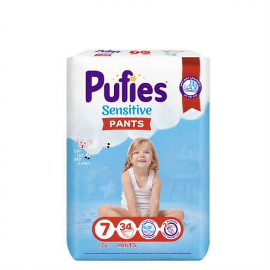 Scutece Pants Sensitive, Nr. 7, 17 Kg+, 34 buc, Pufies