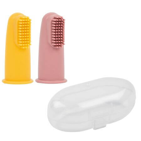 Set of 2 silicone thimbles and protective case, 6 months+, yellow and pink, Nattou