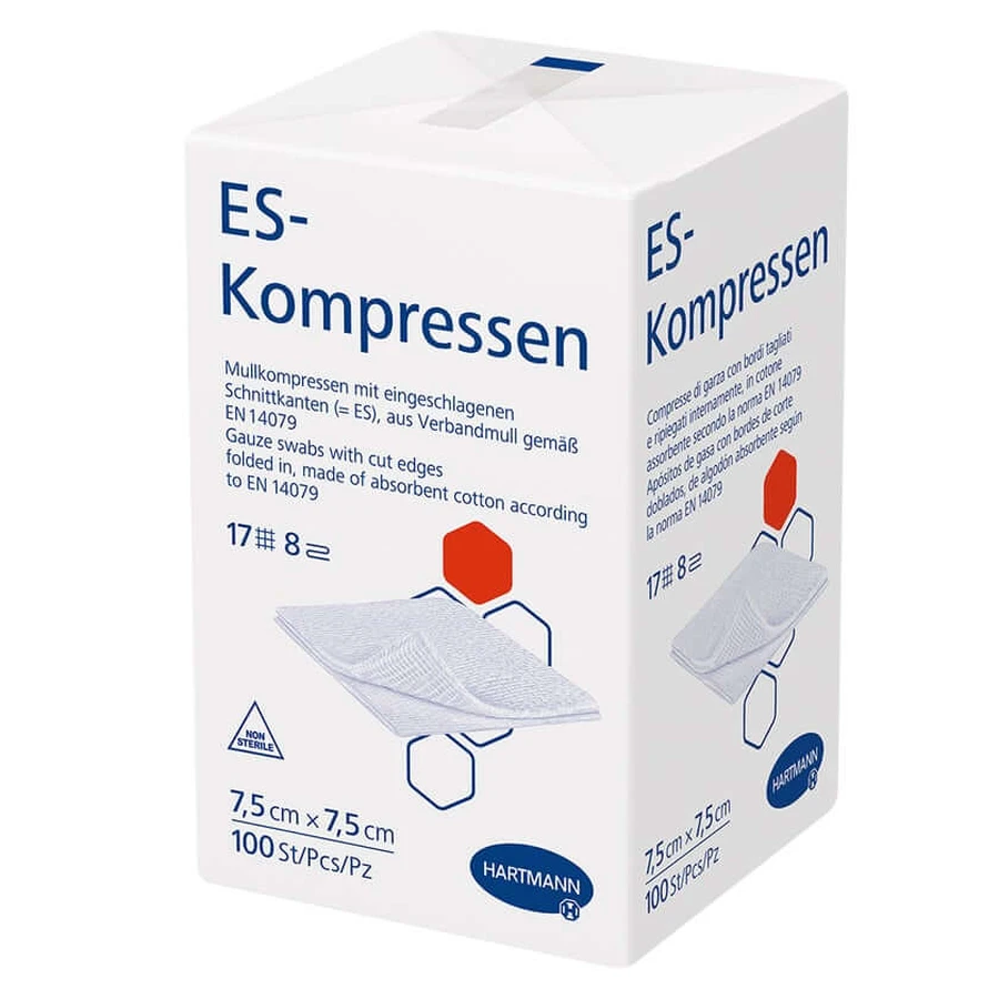 Hartmann ES Compresele de tifon nesterile 7,5 x 7,5 cm, cu 17 fire, 8 straturi, 100 buc.