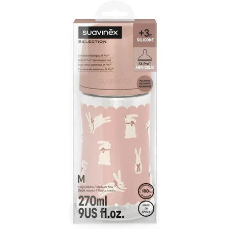 Suavinex Wonderland - Babyfles met langzame doorstroming en roze konijntje, 270 ml
