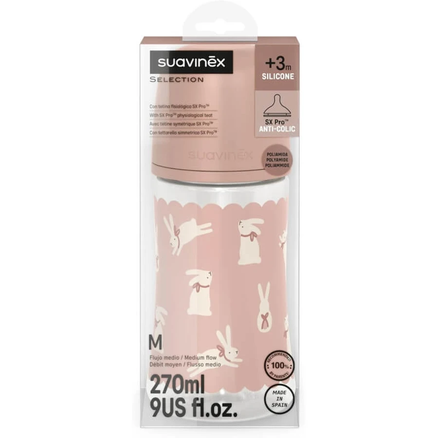 Suavinex Wonderland - Babyfles met langzame doorstroming en roze konijntje, 270 ml