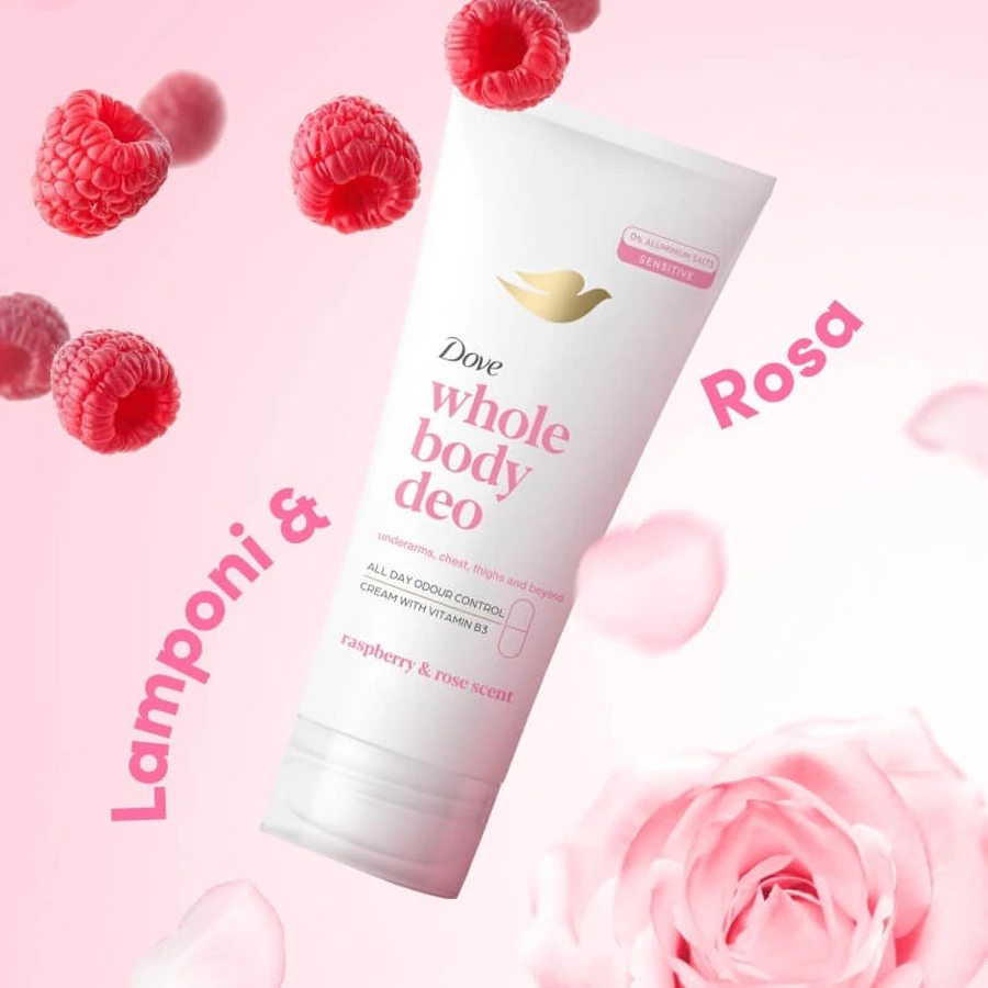 Dove Whole Body Deo cu zmeură și trandafir – cremă deodorantă pentru corp 75 ml