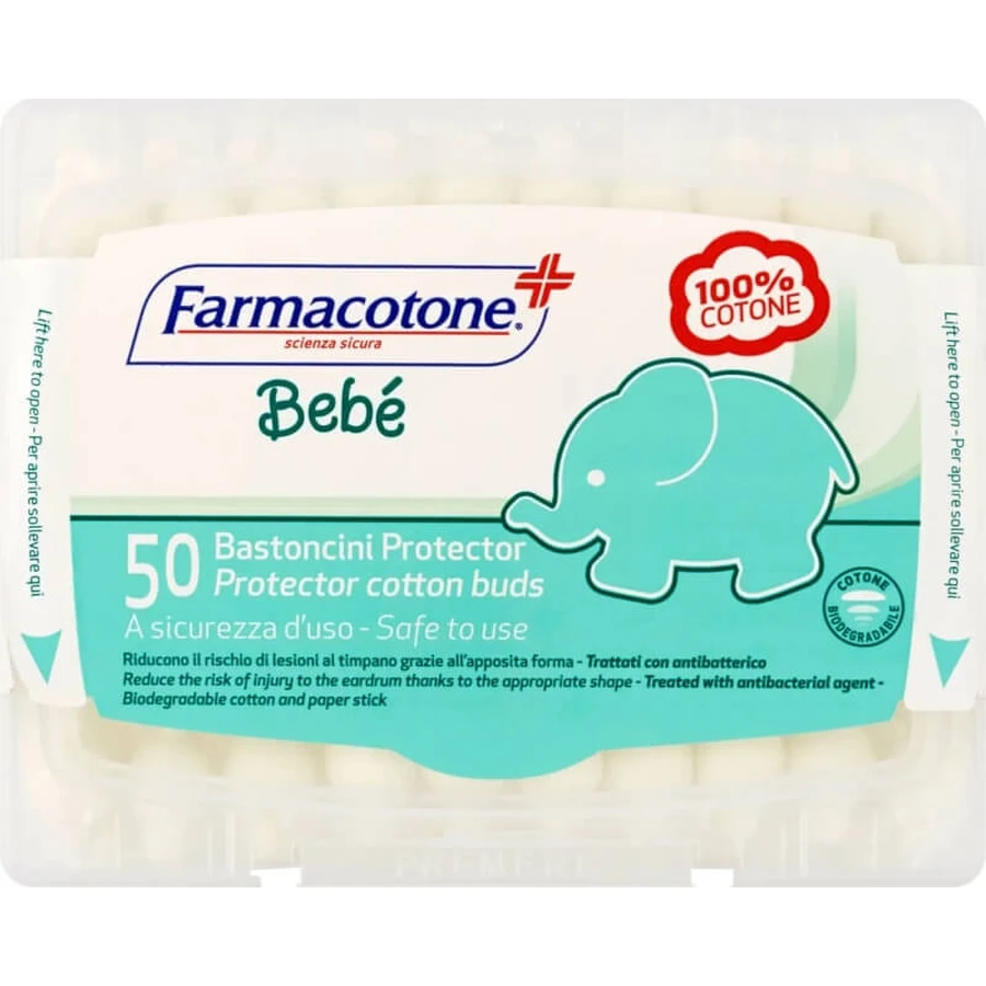 Farmacotone Oorreiniger voor baby’s met beschermkapje, 50 wattenstaafjes