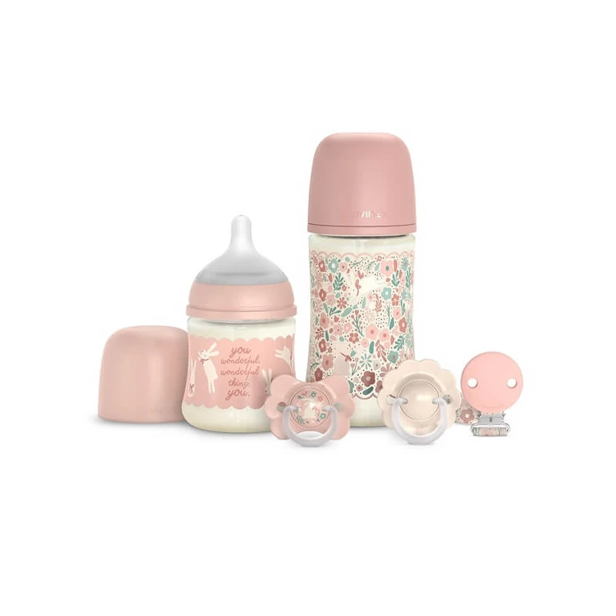 Set de bienvenida «Wonder Welcome Baby» - 2 biberones, 2 chupetes, 1 clip para chupete - rosa