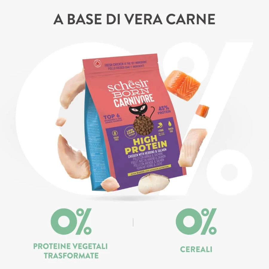 Schesir Born pentru pisici carnivore, cu pui, hering și somon – hrană completă pentru pisici adulte, 255 gr