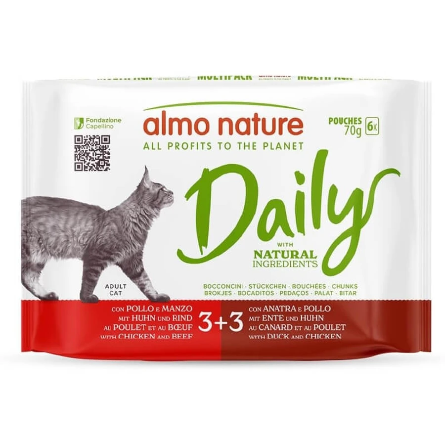 Almo Nature Daily Menu Cat Multipack pui, vită, rață – hrană completă pentru pisici adulte, 6 pliculețe a câte 70 g