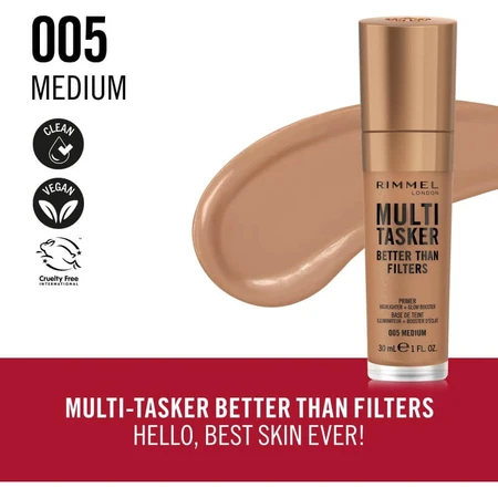 Rimmel Multi-Tasker Better Than Filters 3 en 1: prebase, potenciador de luminosidad e iluminador n.º 005 Medium