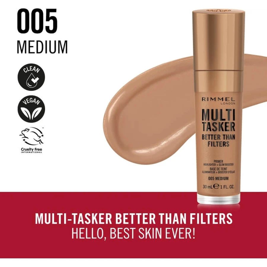 Rimmel Multi-Tasker Better Than Filters 3 en 1: prebase, potenciador de luminosidad e iluminador n.º 005 Medium