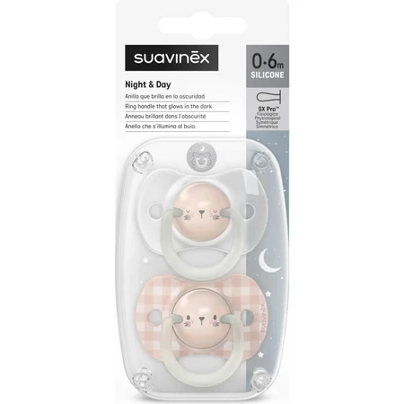 Suavinex Night &amp; Day – silikonowy smoczek dla dzieci w wieku 0–6 miesięcy – różowy: ceny i cechy