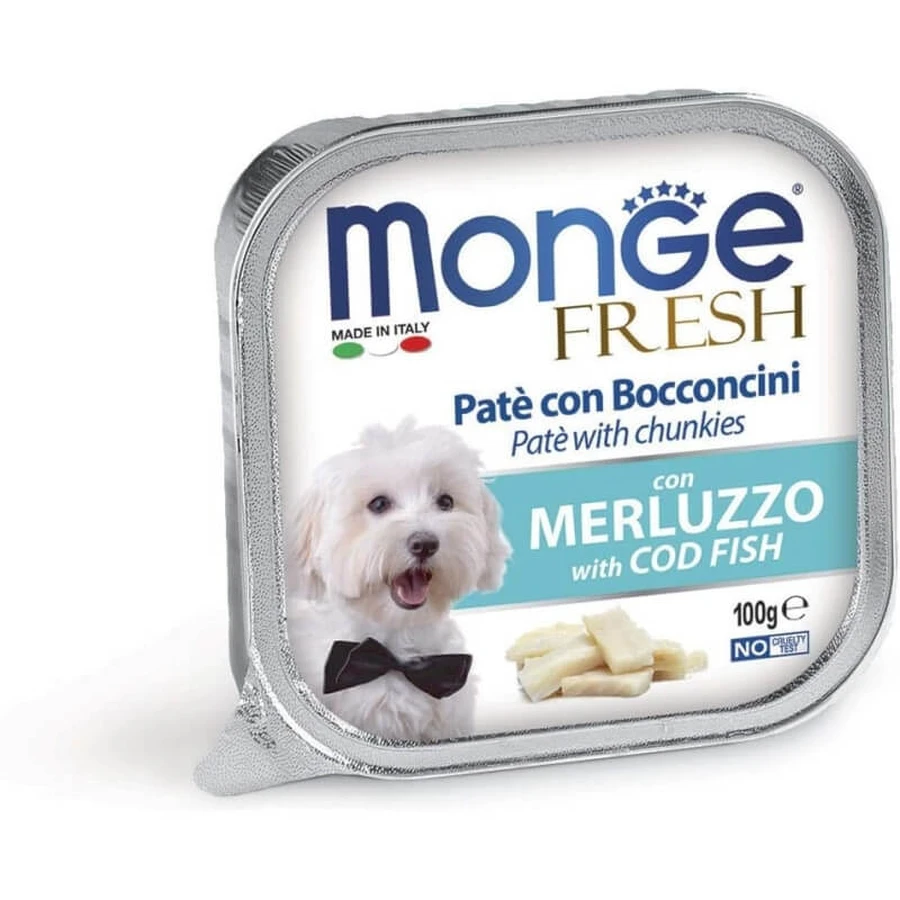 Pâté de morue fraîche Monge avec bouchées - Aliment complet pour petits chiens, 100 g