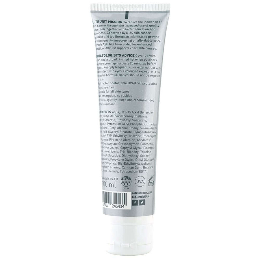 Dermatologist Sunscreen Crème solaire hypoallergénique SPF50, 100 ml, Altruist