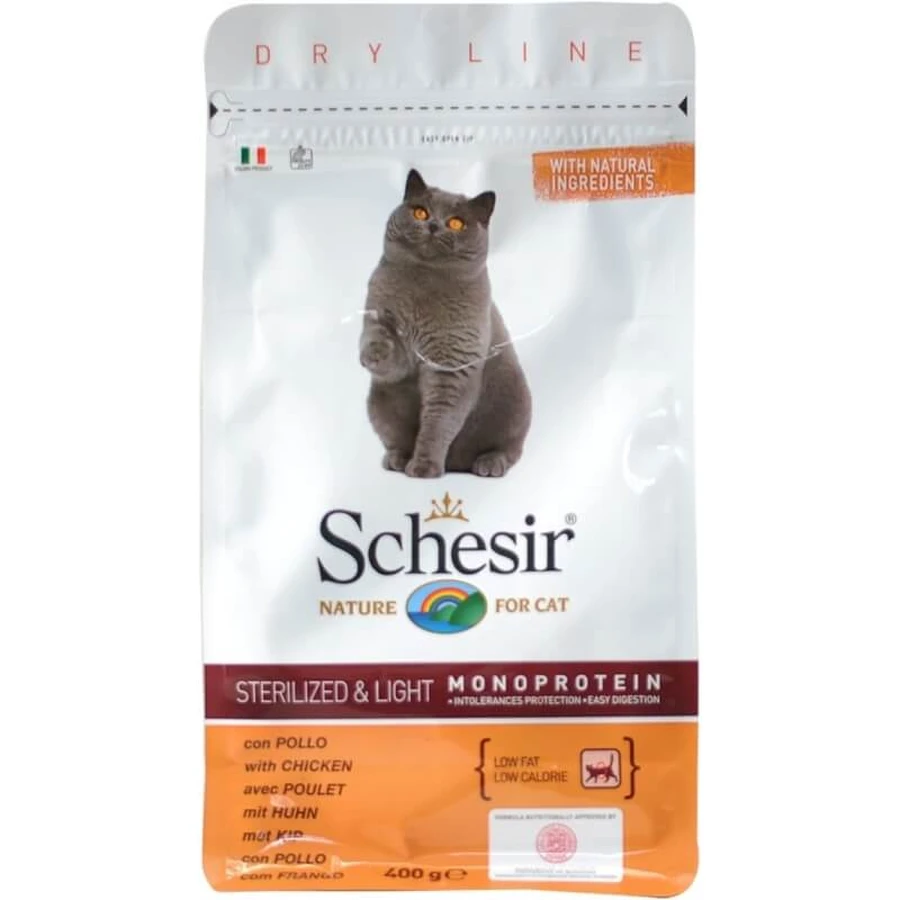Schesir Sterilized &amp; Light Pollo - Alimento completo para gatos adultos esterilizados, 400 g