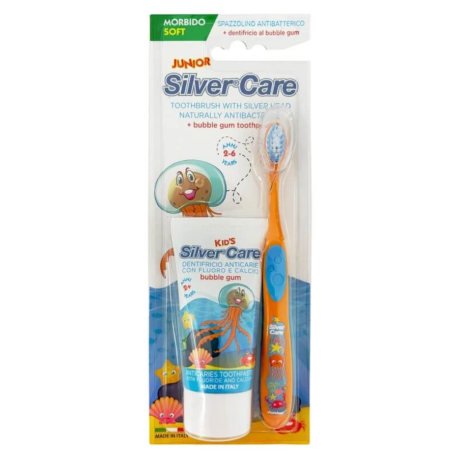 Kit Silver Care Junior: cepillo de dientes de cerdas suaves + pasta dentífrica anticaries con sabor a chicle, 50 ml
