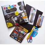 Carioca Metallic Creator - 4 sheets of black cardstock, 8 fine-tip metallic markers, 2 solid tempera paints, 2 tubes of glitter glue, and 1 pair of scissors