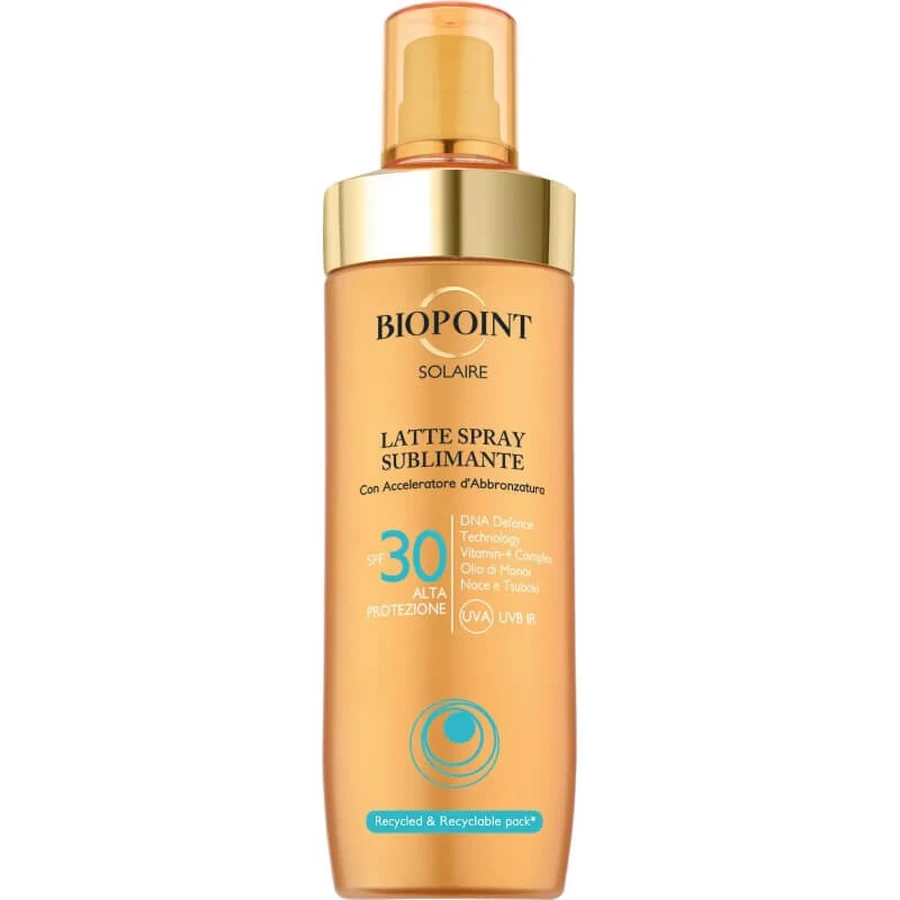 Loción solar en spray Biopoint SPF 30 con efecto iluminador, alta protección, 250 ml