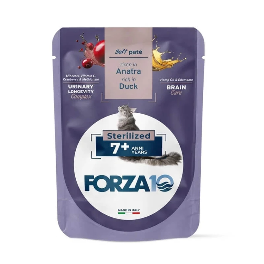 Forza10 Paté suave para gatos castrados a partir de 7 años con pato - Alimento completo para gatos castrados a partir de 7 años, 80 g