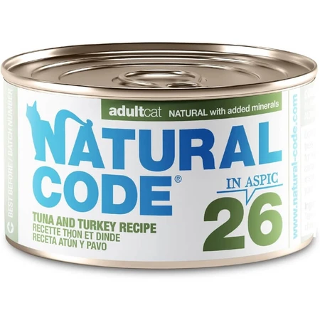 Natural Code 26 ton și curcan – hrană completă pentru pisici adulte, 85 g