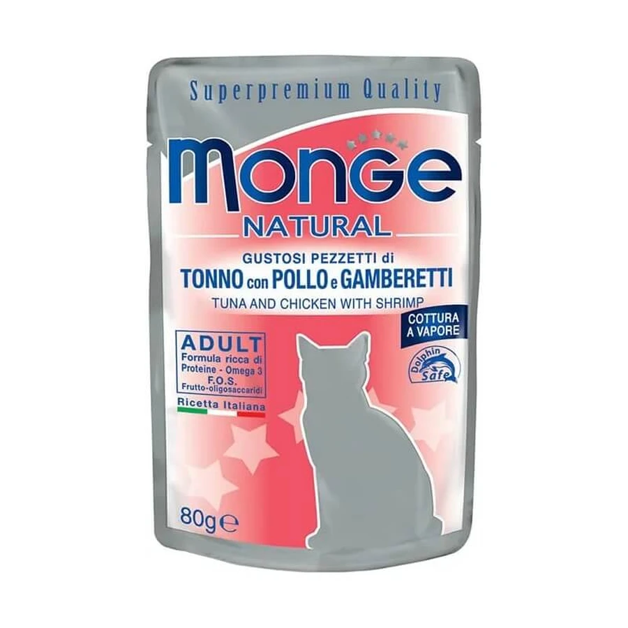 Monge Natural para adultos - Trozos de atún con pollo y gambas 80 gr