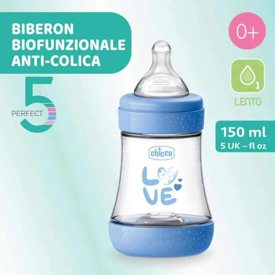 Chicco Perfect 5 jasnoniebieski – butelka z wkładem o powolnym przepływie, 150 ml: ceny i cechy